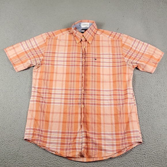 Tommy Hilfiger Shirt Mens Small Orange Plaid Casual Button Up Short Sleeve - Picture 2 of 6